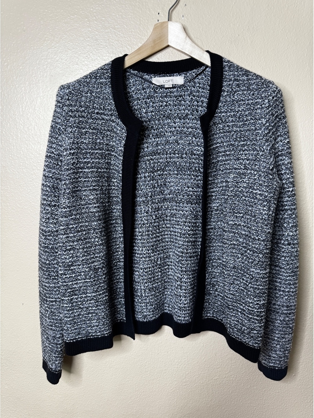LOFT Womens Large Black White Marled Knit Open Front Cardigan Sweater